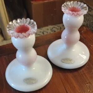 Fenton Pink and White Glass Candle Holders Tapered . With Original Sticker.